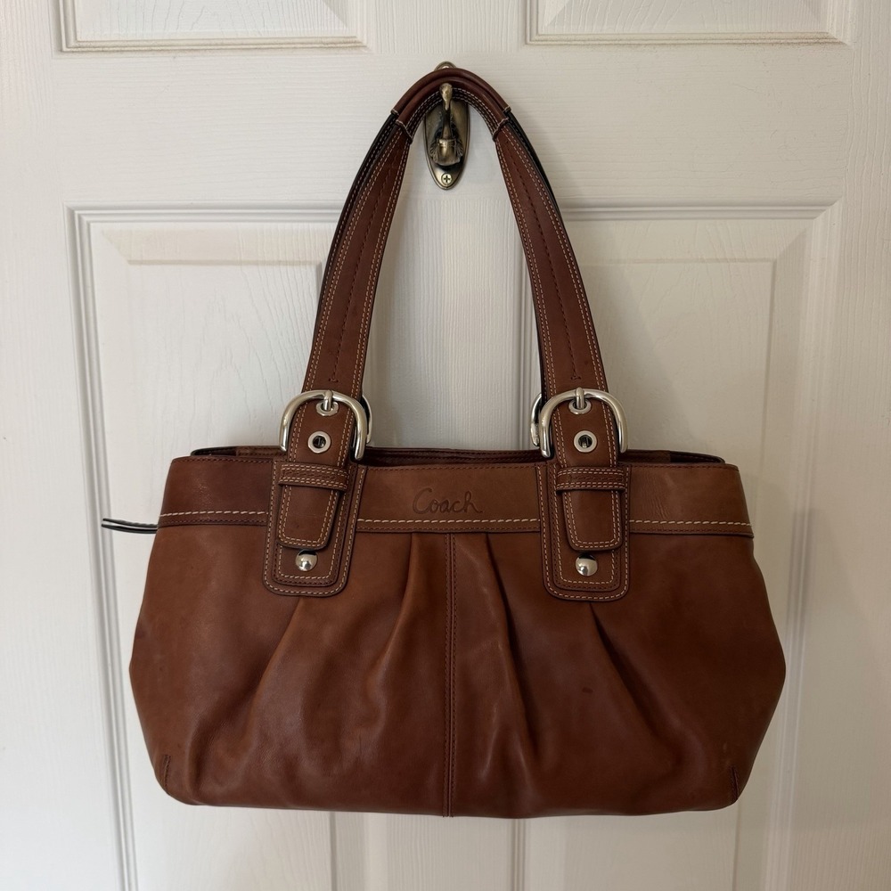 Coach VTG Hamptons Soho Y2K Pleated Leather Bag Brown Silver Buckles Slouchy